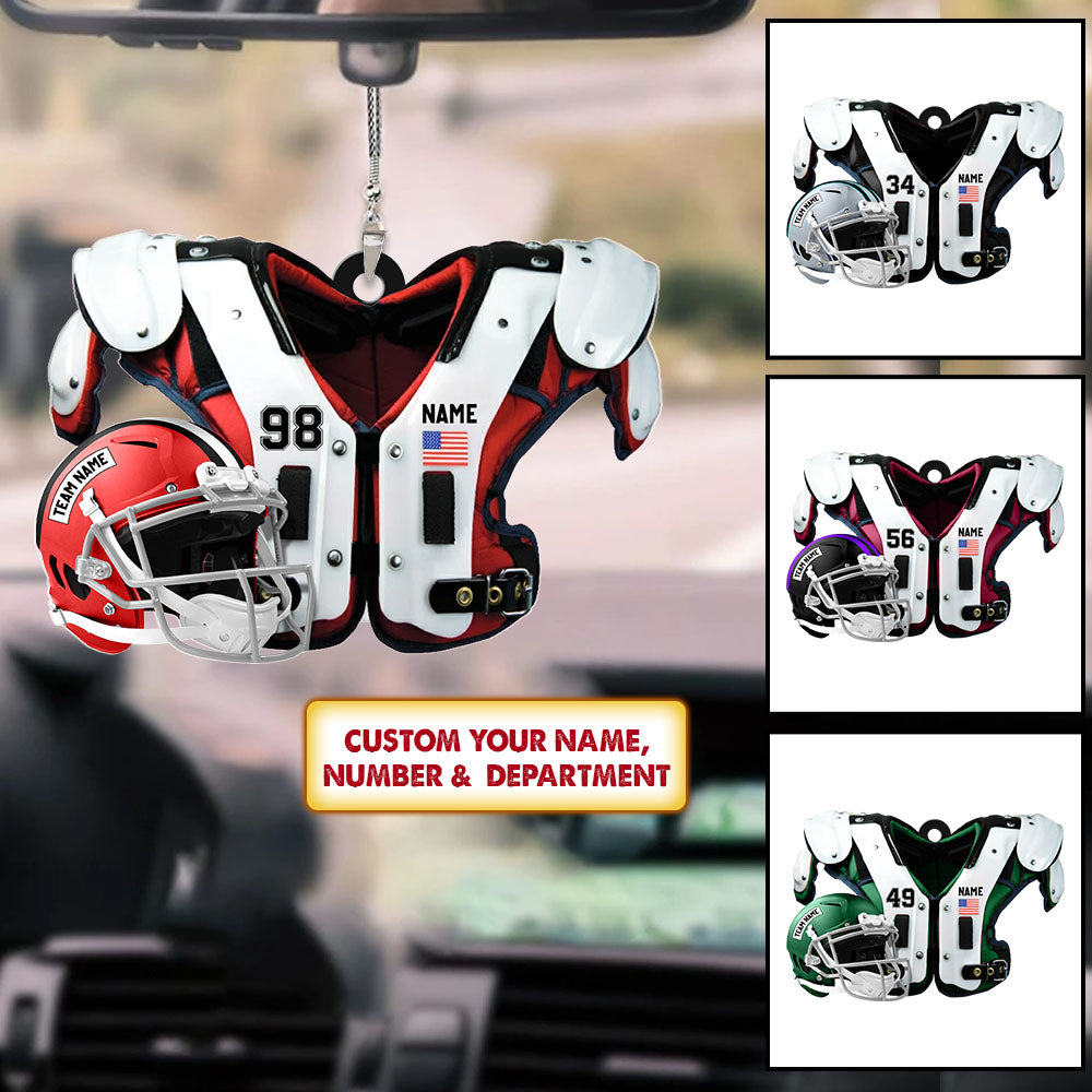 American Football Shoulder Pads, Helmet Personalized Acrylic Car Ornament 2 Sides Print, UOND, Made By Acrylic And The 2 Sides Are The Same