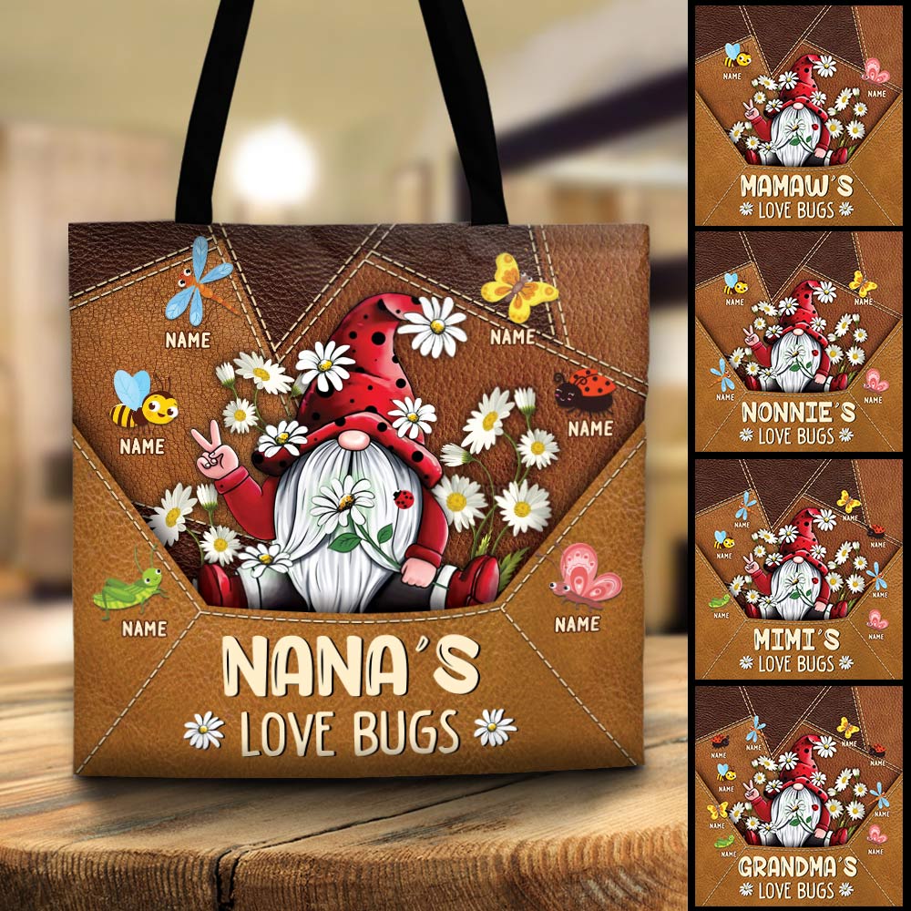 Grandma's Lovebugs Happy Gnomes Printed Leather Pattern Personalized Tote Bag For Grandma DO99 HN98