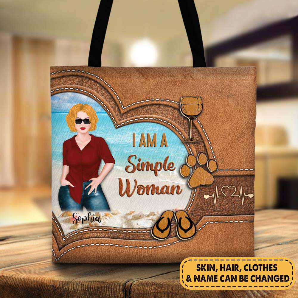 Personalized Tote Bag Printed Leather Pattern For Dog Mom, I Am A Simple Woman, M0402, Phts